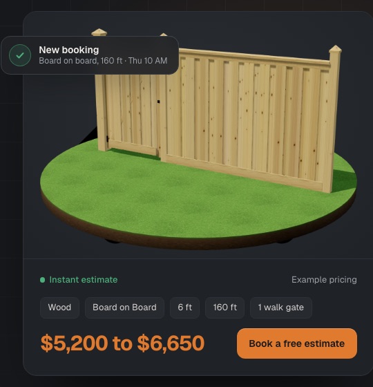 FenceBook's fence quote builder showing a wood board-on-board fence, 160 feet, with an estimate of $5,200 to $6,650 and a Book a free estimate button